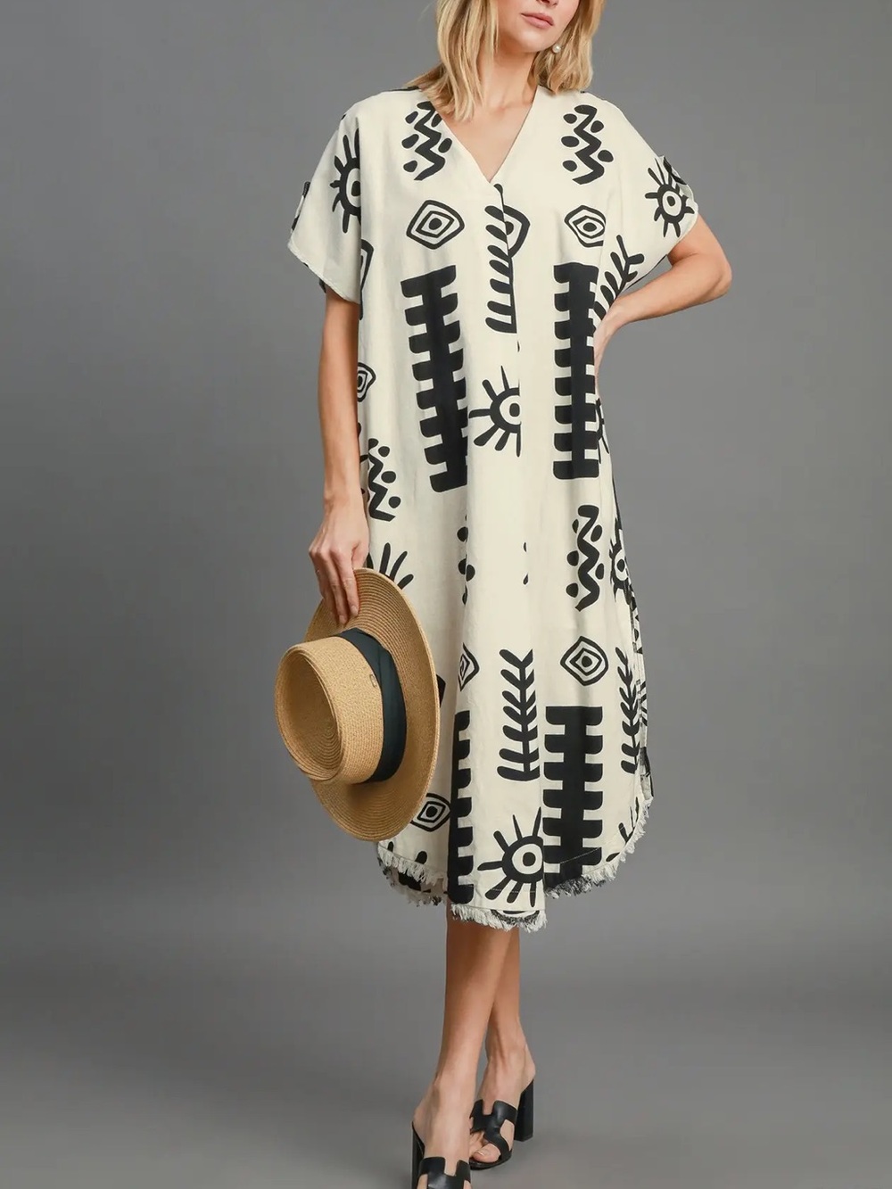 Two Tone Aztec Print Midi Dress|CREAM